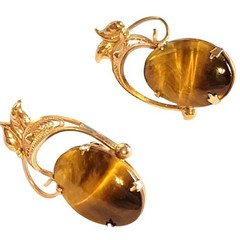 1/20 Gold Filled Tiger Eye Clip-On Earrings Vintage Floral Filigree 1.25″ bc-46