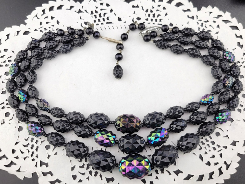 Signed W Germany Black Thermoset Lucite AB Spike Bead Waterfall Bib Necklace