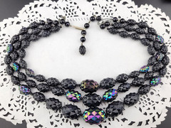 Signed W Germany Black Thermoset Lucite AB Spike Bead Waterfall Bib Necklace