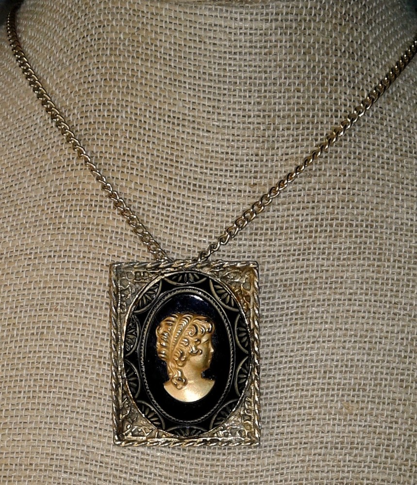 Rare Vintage Square Glass Cameo Brooch Pin Pendant Necklace Victorian Revival