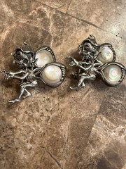 Vintage Set of 2 Fairy Elf Pixie Imp Sterling Brooch Pin Abalone Wings