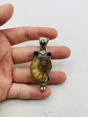 Vintage Sterling Silver 925 Peridot Smoky Topaz Gemstone Ammonite Fossil Pendant