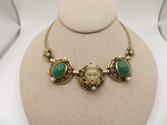 Vintage 15″ Asian Princess Necklace w/Faux Jade Cabachons & Pearls unsigned