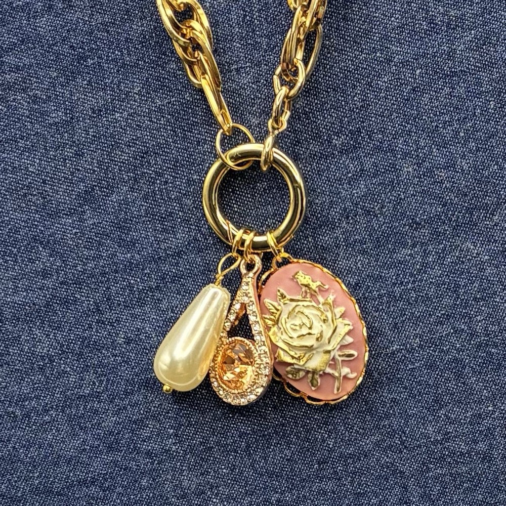Peachy Pink & Pearly Vintage Charm Trio, Vintage Gold Plated Chain Necklace,OOAK