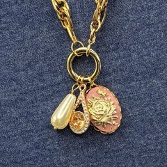Peachy Pink & Pearly Vintage Charm Trio, Vintage Gold Plated Chain Necklace,OOAK