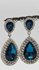 Aqua Blue Crystal Earring TEARDROP Silver Tone Pierced Dangle Couture 2.25 in
