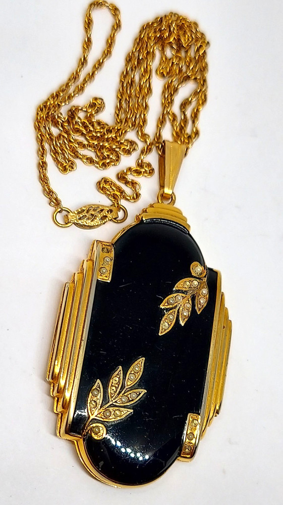 Large GF art deco black enamel Photo Locket Pendant Gold Filled Chain VTG Evans
