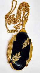 Large GF art deco black enamel Photo Locket Pendant Gold Filled Chain VTG Evans