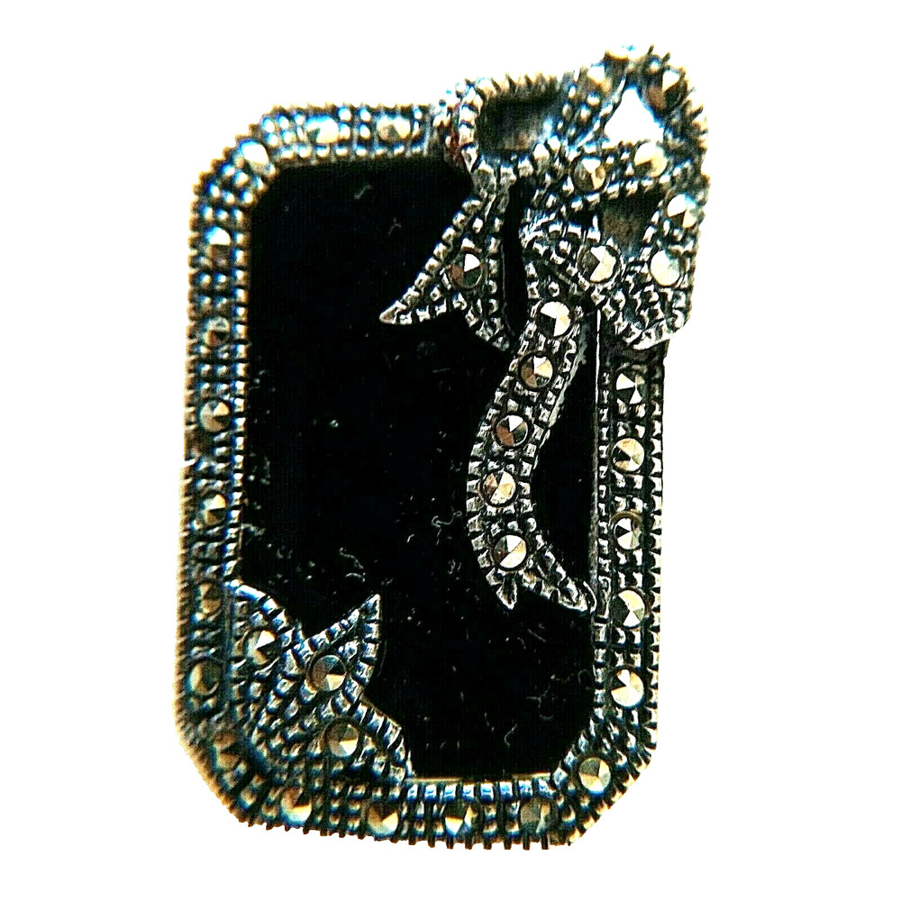 VTG Art Deco Sterling Silver Gold Black Onyx Marcasite Bow Pin Brooch 1.5 in