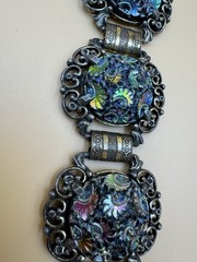 Vtg Judy Lee Peacock Carnival Art Glass Panel Bracelet Renaissance Revival