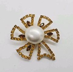 Flower Brooch Brown Crystal Faux Pearl Center Gold tone Large 2.5 in