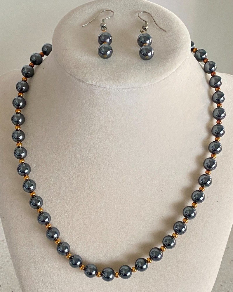 Hematite & Gold Tone Beaded Necklace Drop Earrings Set Pierced Demi Parure