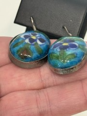 Old Rostov Finift (?) Silver & Hand Painted Domed Porcelain Dangle Earrings