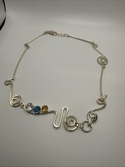 VTG Art Modern 925 Sterling Silver Multi Gemstone Necklace.38.6 Grams. 22.5”Long
