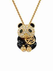 Vintage Panda Rhinestone Hinged Pendant Necklace Hidden Lucky Charm Gold Tone