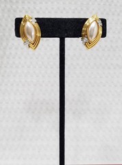 New! Gold Tone and Faux Pearl Cabochon Marquise-Shaped Clip On Earrings