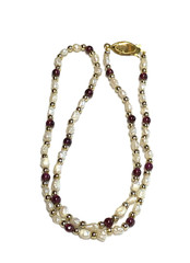 Vintage Genuine Rice Pearls & Almandine Garnet Beaded Necklace & Bracelet Set