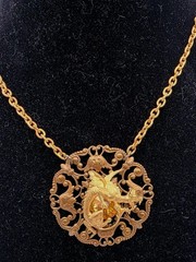 Vintage Art Nouvea Style Topaz Crystal Dragon Filigree Mixed Metal Necklace