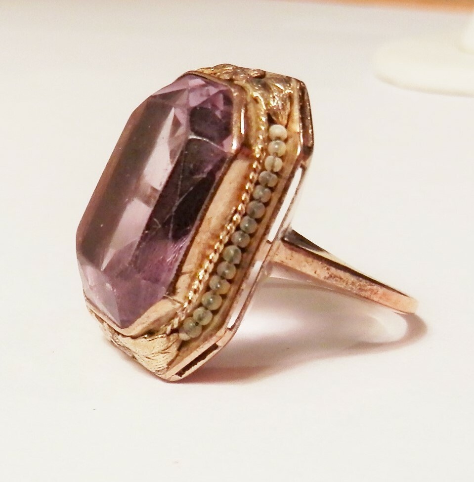 Antique Octagon 17x14mm Amethyst 14K Yellow Gold Ring 7.25 Flower Accent