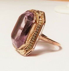 Antique Octagon 17x14mm Amethyst 14K Yellow Gold Ring 7.25 Flower Accent