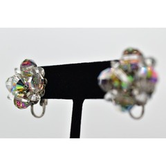 Vintage Clip On Crystal Earrings Watermelon Aurora Borealis Chrome 1950s BinBK