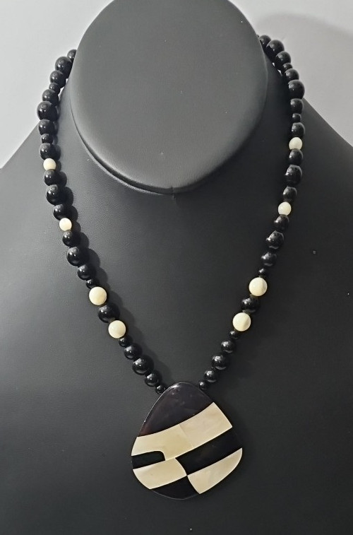 Vintage Black and Off-White Beaded Statement Pendant Necklace