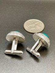 Vintage Brutalist Silver Tone Teal Cat Eye Cabochon Cufflinks Round Textured