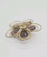 Flower Brooch Purple White Crystal Gold tone Wire Vintage 2.25 in