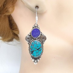 Vintage 25.25ctw Green Turquoise & Lapis Lazuli Silver Dangle Earrings 24.4g