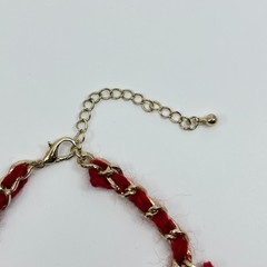 VTG Boho Red Woven Chain Collar Necklace Blue Rhinestone Floral Ribbon Statement