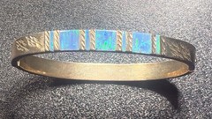 Vintage Sterling 925 Blue Fire Opal Inlay Hinged Bangle Bracelet 1oz