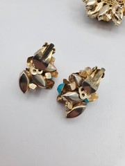 Vintage Jewlery Brooch Earring Set Clip On Gold Blue Beads Women Accessory