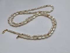 Pat. Pend. Off White Faux Rice Pearl Gold Tone Metal Beaded Necklace Vintage