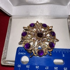 Stunning Yellow gold Tone Purple Stone And Lavender Rhinestones Brooch Boxed