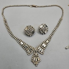 Vintage Art Deco Rhinestone Necklace Earrings Set Clear Baguette Pave Lot 15″