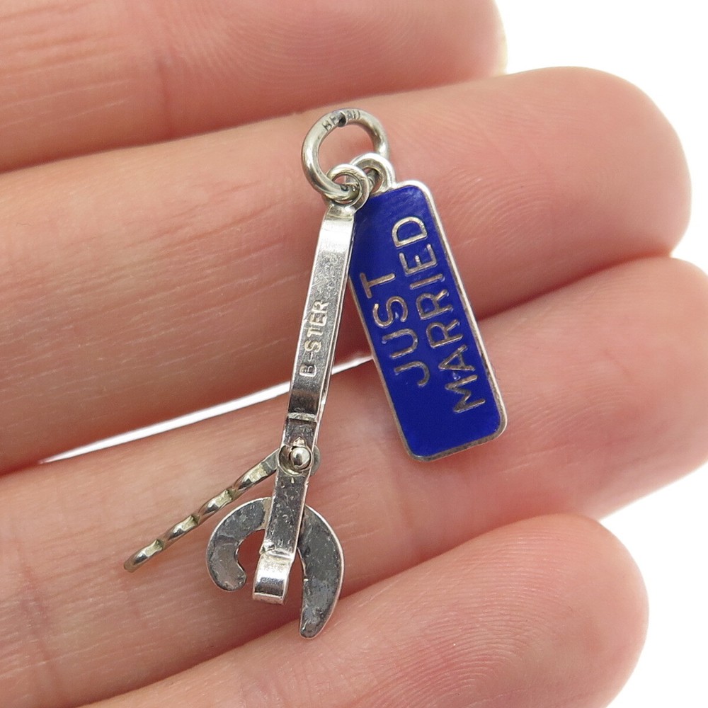 BEAU 925 Sterling Silver Antique Enamel “Just Married” Bottle Opener Pendant