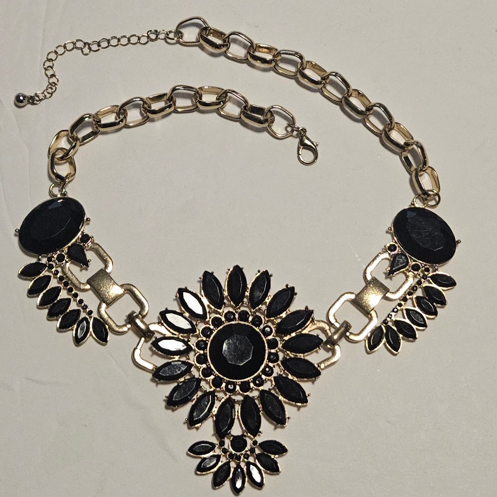 Chunky Gold-Tone Black Rhinestone Floral Statement Necklace