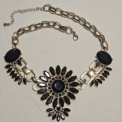 Chunky Gold-Tone Black Rhinestone Floral Statement Necklace