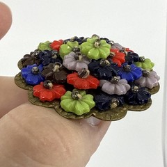 Vtg 1940s Miriam Haskell Brooch Wired Lucite Flower Filagree Pin 1.5″ Colorful