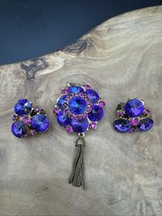 Vtg RARE EDLEE Czech Style Glass Tassel Statement Pendant & Clip-on Earrings