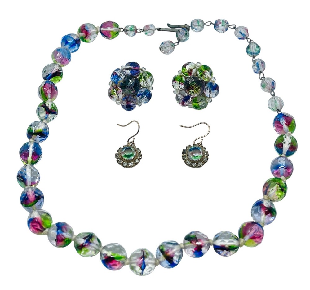 Vintage 1950’s Multi-Color Art Glass Bead Necklace Earring Set 16.5” L Germany
