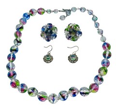 Vintage 1950’s Multi-Color Art Glass Bead Necklace Earring Set 16.5” L Germany
