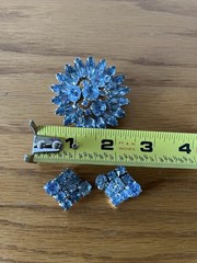 TEAL & Sky BLUE Rhinestones Pin / BROOCH & Earrings