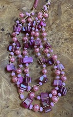 Vintage Handmade Necklace Pearl Dyed Agate Triple Strand Necklace Button Close