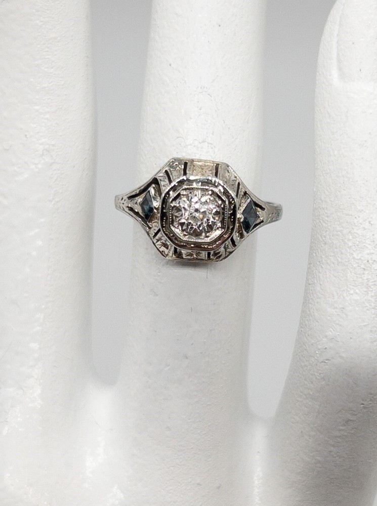Antique 1920s .65ct Euro VS H Diamond Blue Sapphire 18k White Gold Filigree Ring