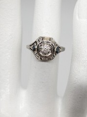 Antique 1920s .65ct Euro VS H Diamond Blue Sapphire 18k White Gold Filigree Ring