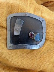 Vtg Modernist Brutalist Mixed Metal Brooch Pin Genuine Opal Garnet Artisan Rivet
