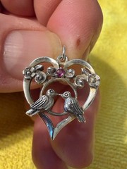 Vintage 1981 Franklin Mint 925 Sterling Silver Ruby Lovebirds Heart Pendant FM81
