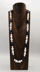 Geometric Beaded Necklace White Blue Asymmetrical shapes Silver tone 33 in