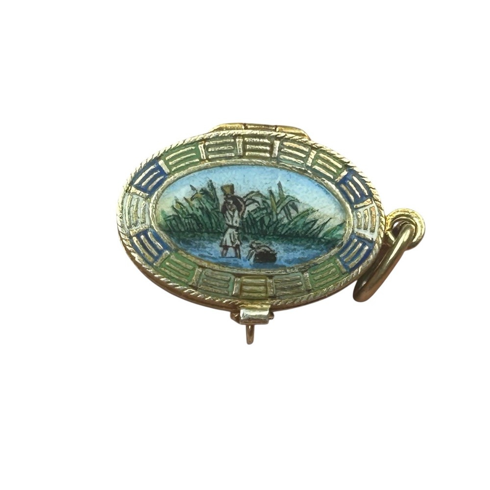 Antique Egyptian Revival Baby Moses Basket Charm with Baby 800 Silver Enamel